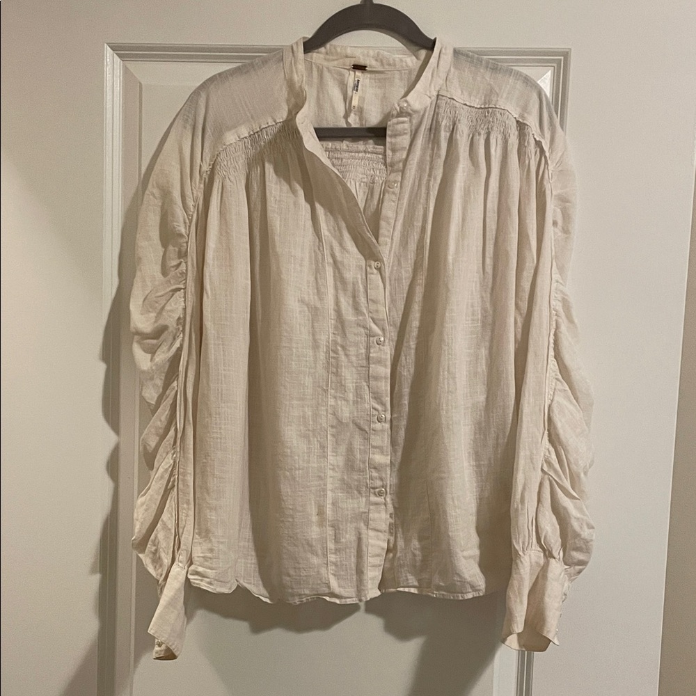 Free People Cream Ruched Sleeve Blouse